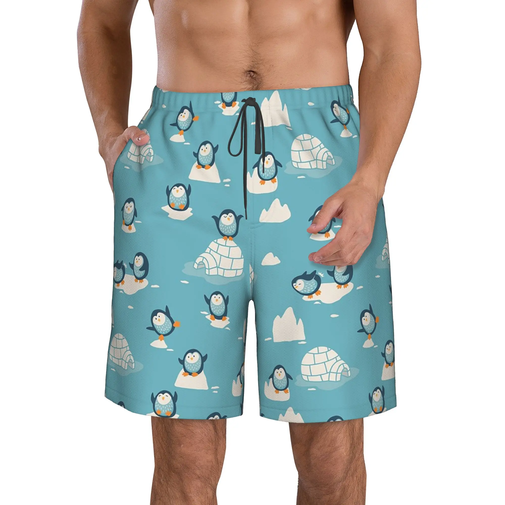 Polar Penguin Ice Surface Penguin Pattern Trunks Beach Board Shorts Casual Quick Dry Swimming Summer Men Pants