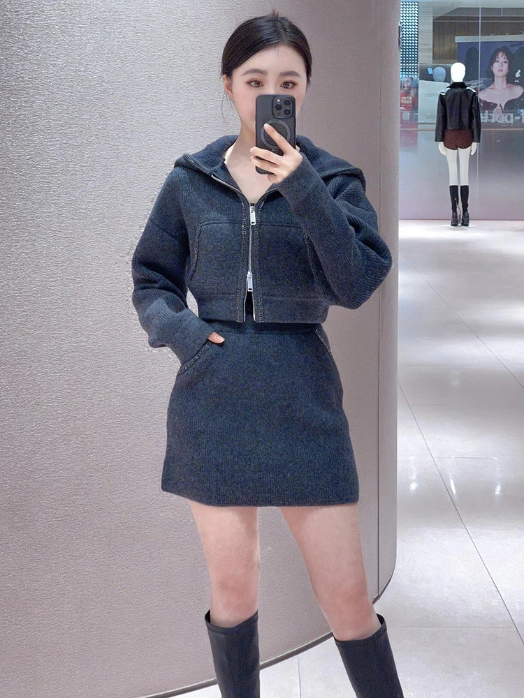 SP Home South Oil High End Women's Spring Diamond Embellied Hooded ort Knitted Cardigan Jaet Skirt Set Faionable Two-...