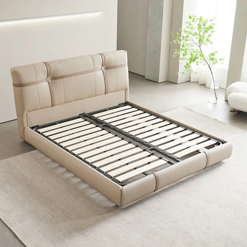 # Luxury Rectangular Grid Leather Bed for Bedroom, Stitched Leather Upholstery with Plush Detail & Sleek Modern Aesthetic