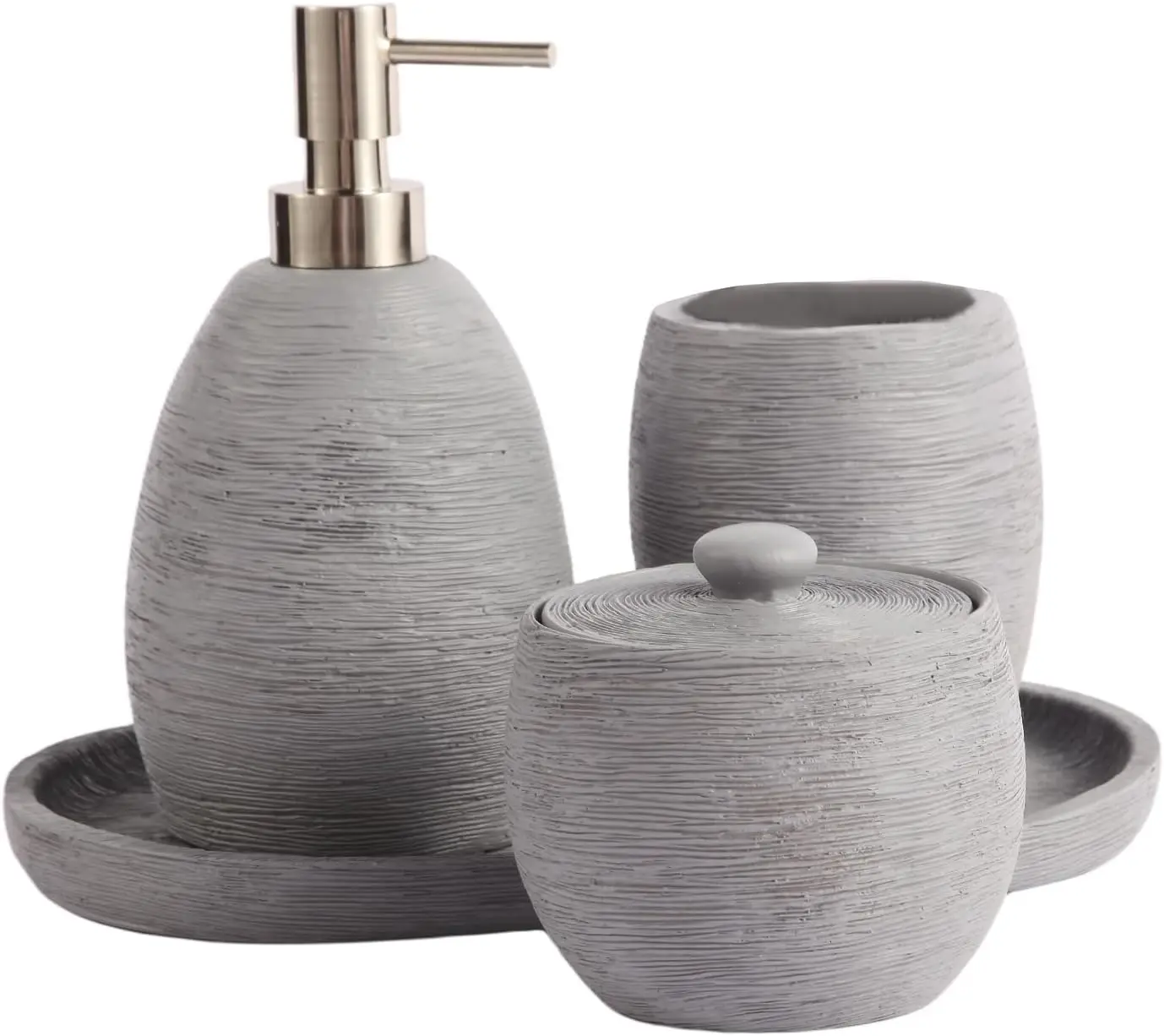 

Modern Grey Line Bathroom Accessory Set 4 Pcs - Lotion Dispenser, Cotton Swab Jar,Tumbler and Vanity Tray, Luxury Unique Design
