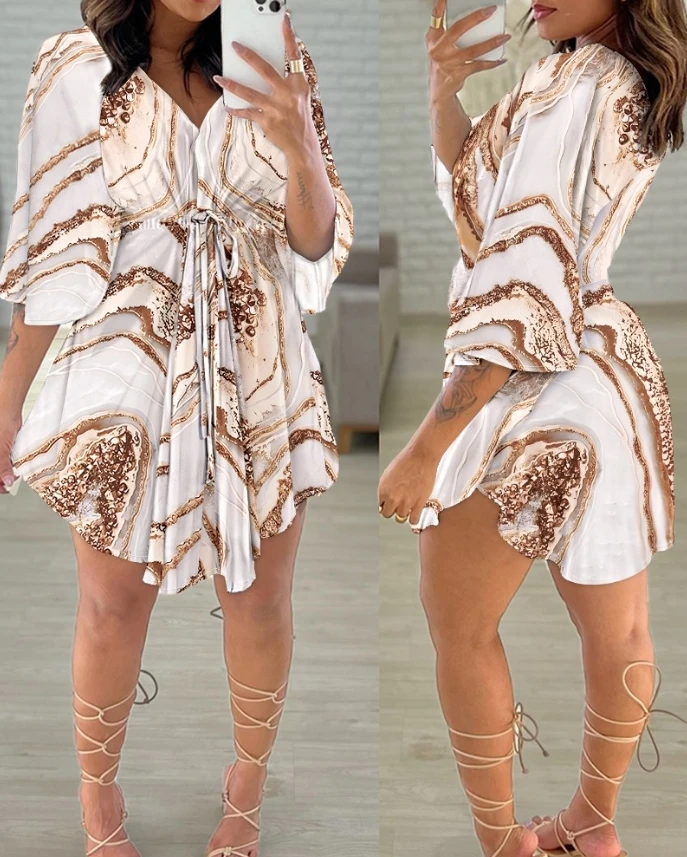 

2024 Autumn New Women's V-neck Marble Print Lace up Details Long sleeved Fashion Casual Dress