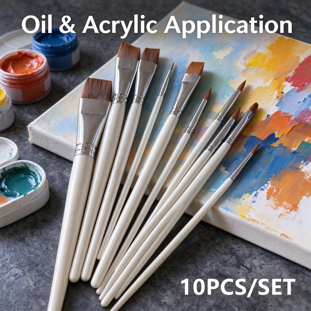 10Pcs Professional Nylon Paint Brush Set, Flat & Round Tip Art Watercolor Brushes for Oil Painting Face Paint Stage Makeup Tool
