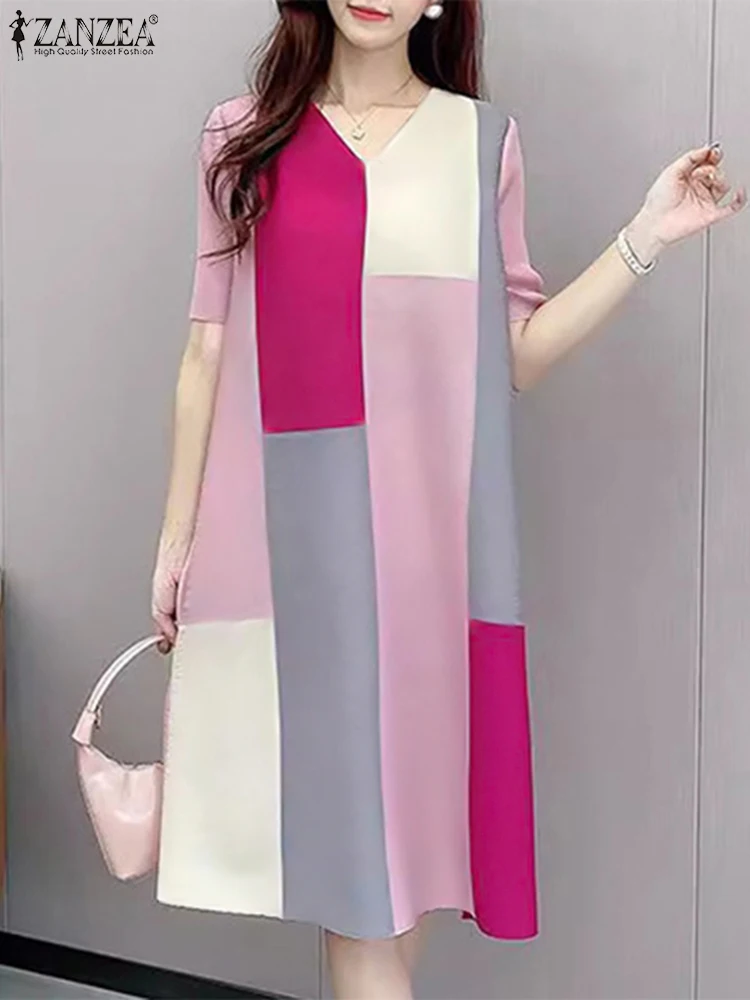 Women Colorblock A-line Sundress ZANZEA Causal Short Sleeve Midi Dresses 2024 Fashion V-neck Robe Vintage Commuting Vestido