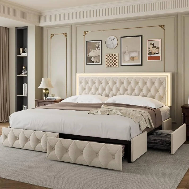 King Upholstered LED Bed Frame with 4 Drawers, Velvet Platform Storage Bed with Adjustable Button Tufted Headboard