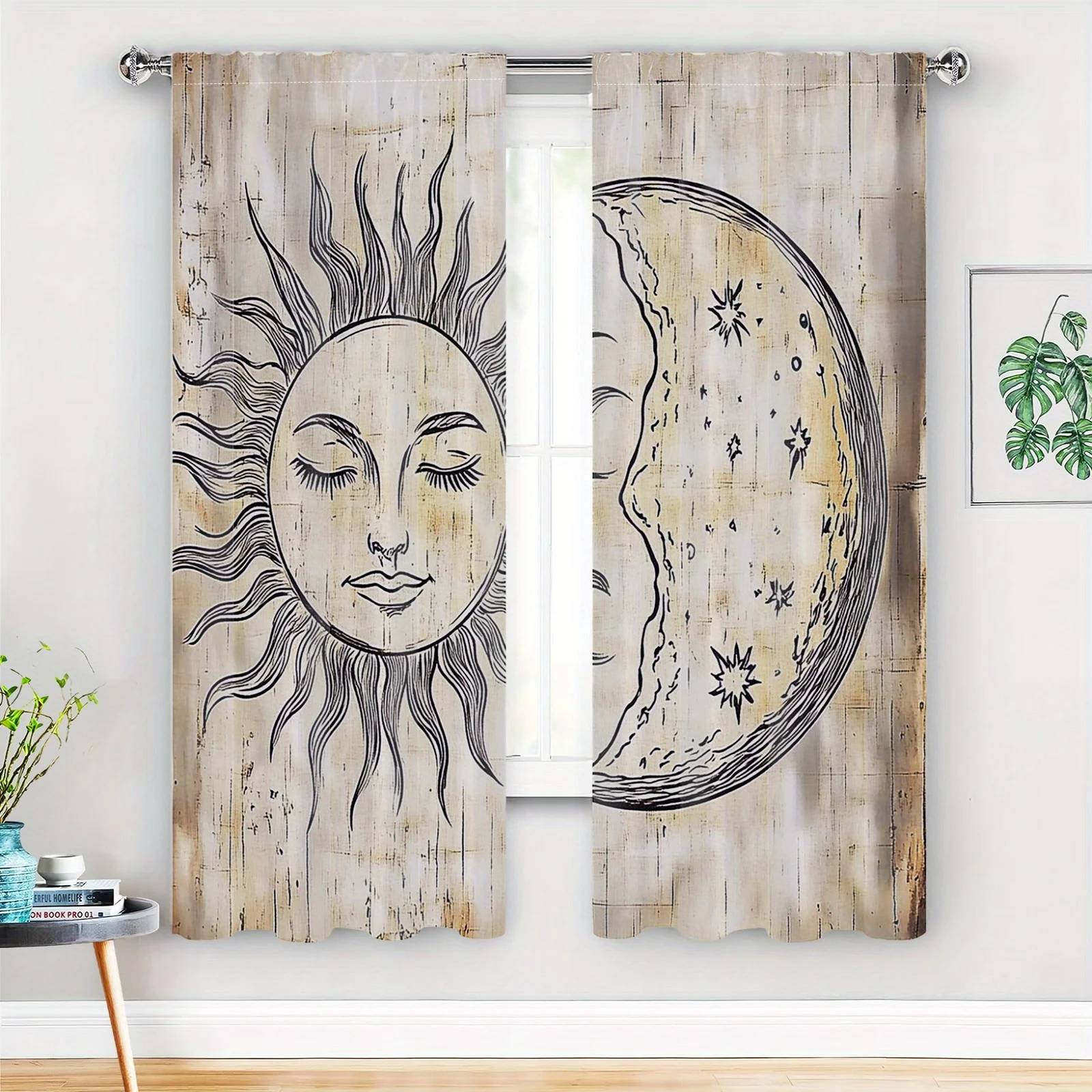

2D плоские, 35x90 дюймов * 2 шт. 2 шт. плотные шторы «Солнце и Луна» — богемный небесный дизайн со звездами, фэнтезийные шторы в стиле ретро для Bedro
