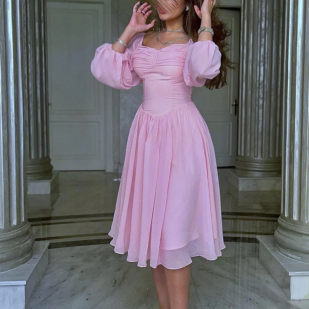 

Classic A-Line Knee Length Square Neck Chiffon Long Sleeves Pleats Evening Dress Fashion Photo Color فساتين سهره نسائيه فخمة