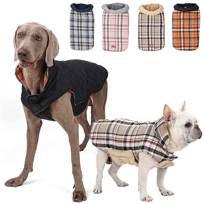 New Reversible Dog Jacket Winter Waterproof Nylon Warm Large Dog Clothes Lattice Cozy Dog Coat French Bulldog Labrador Costume