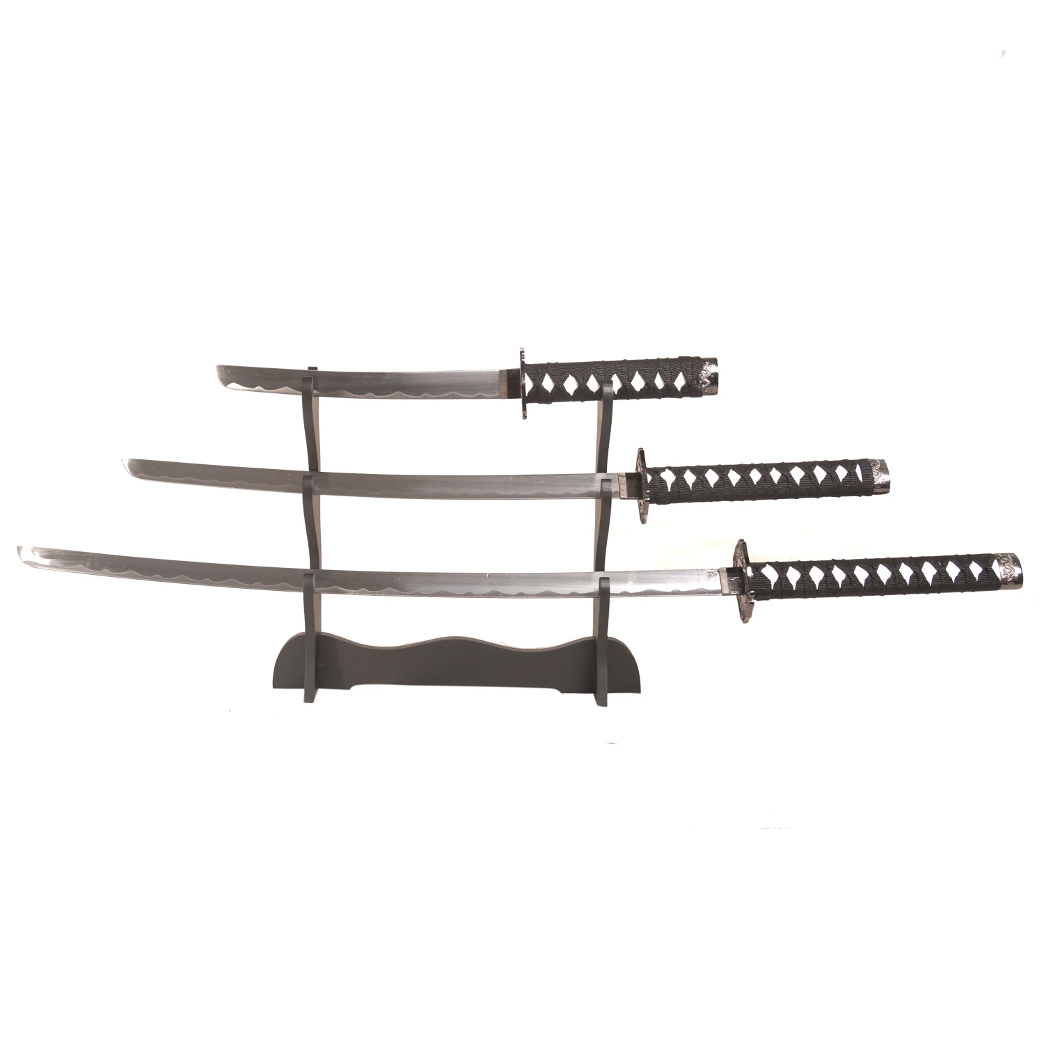 طقم سيف ساموراي أصلي مكون من 3 قطع مع حامل عرض من 3 طبقات - زخرفة "الولاء، العدالة، الشجاعة" المحفورة #4