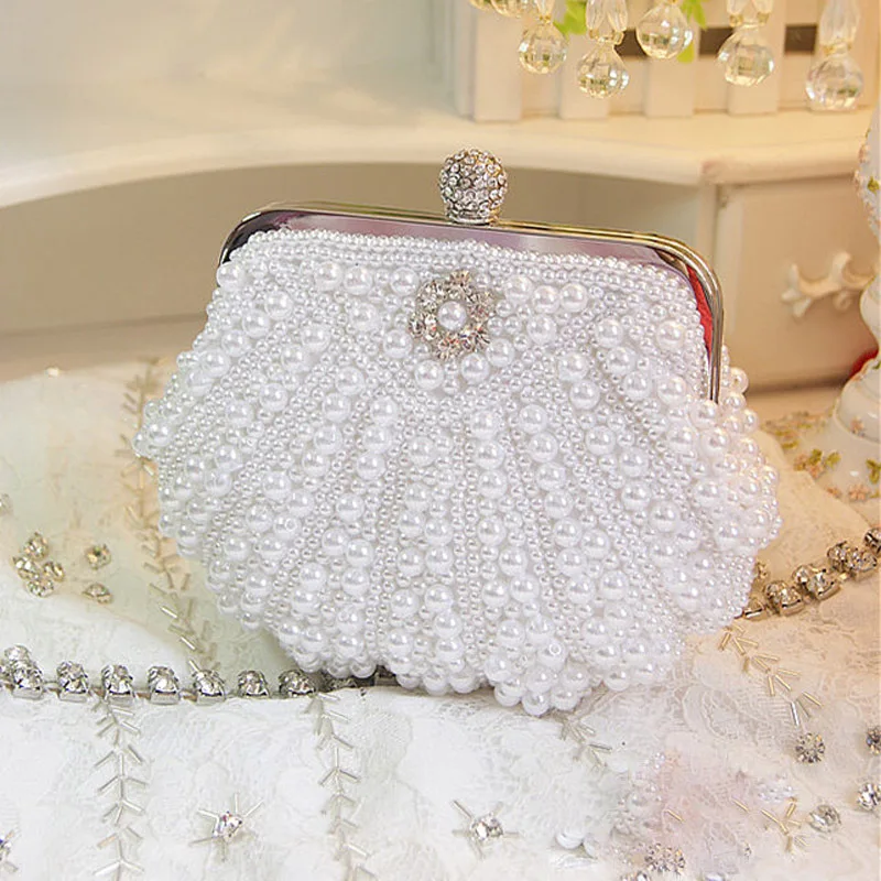 

Beading Women Evening Bags Embroidery Shell Flower Diamonds Prom Clutch With Handle Pearl Handbags