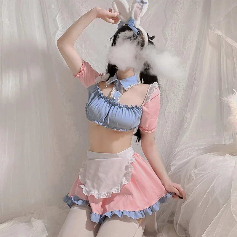 

Sexy Cosplay Maid Costumes Cute Apron Pink Blue Top Short Skirt Uniform with Women's Exotic Dress