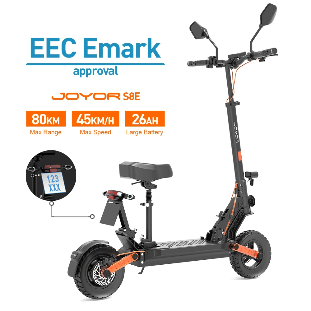 JOYOR S8E, Elektrische Scooter, 48V10.4Ah batterij, Max. bereik 80 km, 10 inch offroadbanden, Schijfremmen voor & achter, Kentekenplaathouder, Verwijderbare & opklapbare stoelen, Achteruitkijkspiegel,