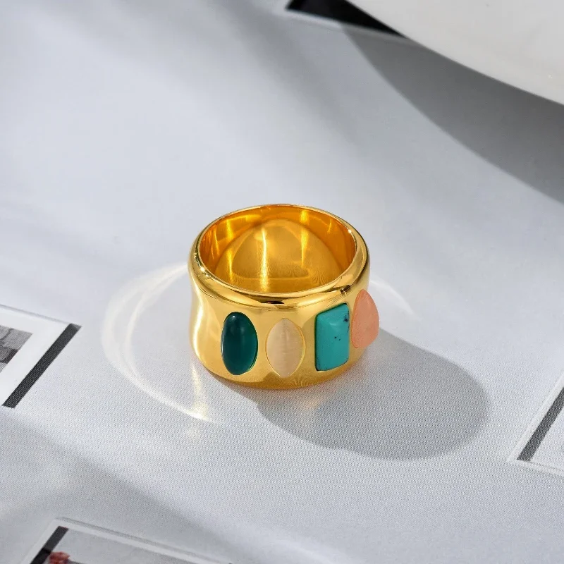 Bilandi Fashion Jewelry Blue Green Stone Ring Vintage Temperament Hot Sale Metallic Gold Color Ring For Women Lady Gift