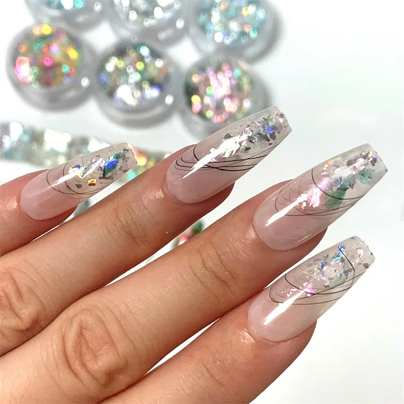 HNDO 6 Pcs Set Holographic Flakes Opal Powder for Professional Nail Art Manicure Decoration DIY Chunky Glitter LSW Series