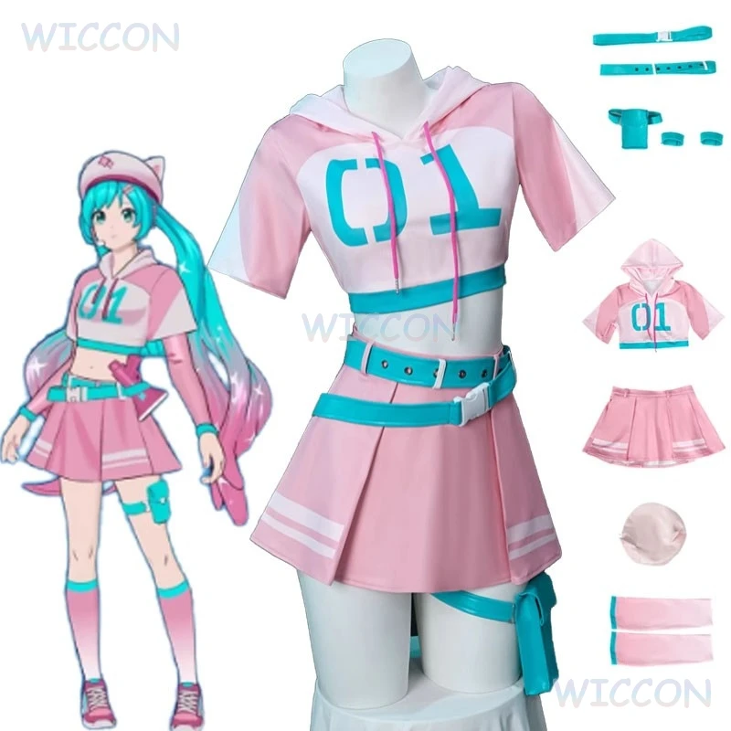 

Original 2025 For T Nit Mikuu Cosplay Costume Pink Racing Suit Wig Halloween Women Outfit Top Skirts Socks With Hat
