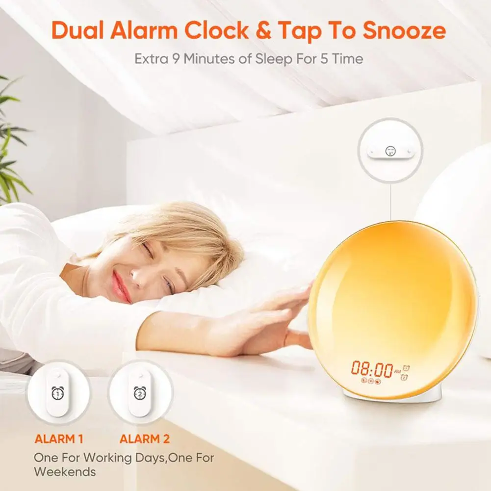 Sunrise Sunset Simulation Wake Up Alarm Clock with Colorful Atmosphere Light and FM Radio Function for Kids, Heavy Sleepers