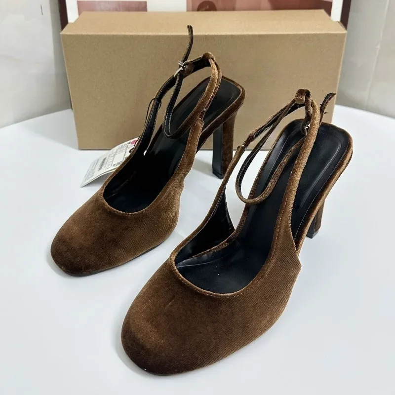 Retro Brown Suede Summer Women Chunky Heels Sandals Elegant Slingbacks Round Toe Ankle Strap Plus Size Brand Office Lady Shoes
