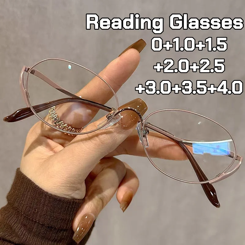 

New Trends Ultra Light Elliptical Small Frame Reading Glasses Women Anti Blue Light Design with Curved Legs Presbyopia Glasses
