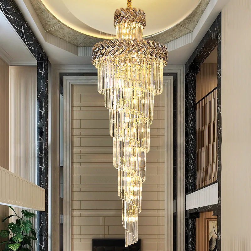 Luxury Crystal Long Chandelier in the Hall Living Room Top Long Smoke Grey Crystal Lamp Golden Staircase Illuminator