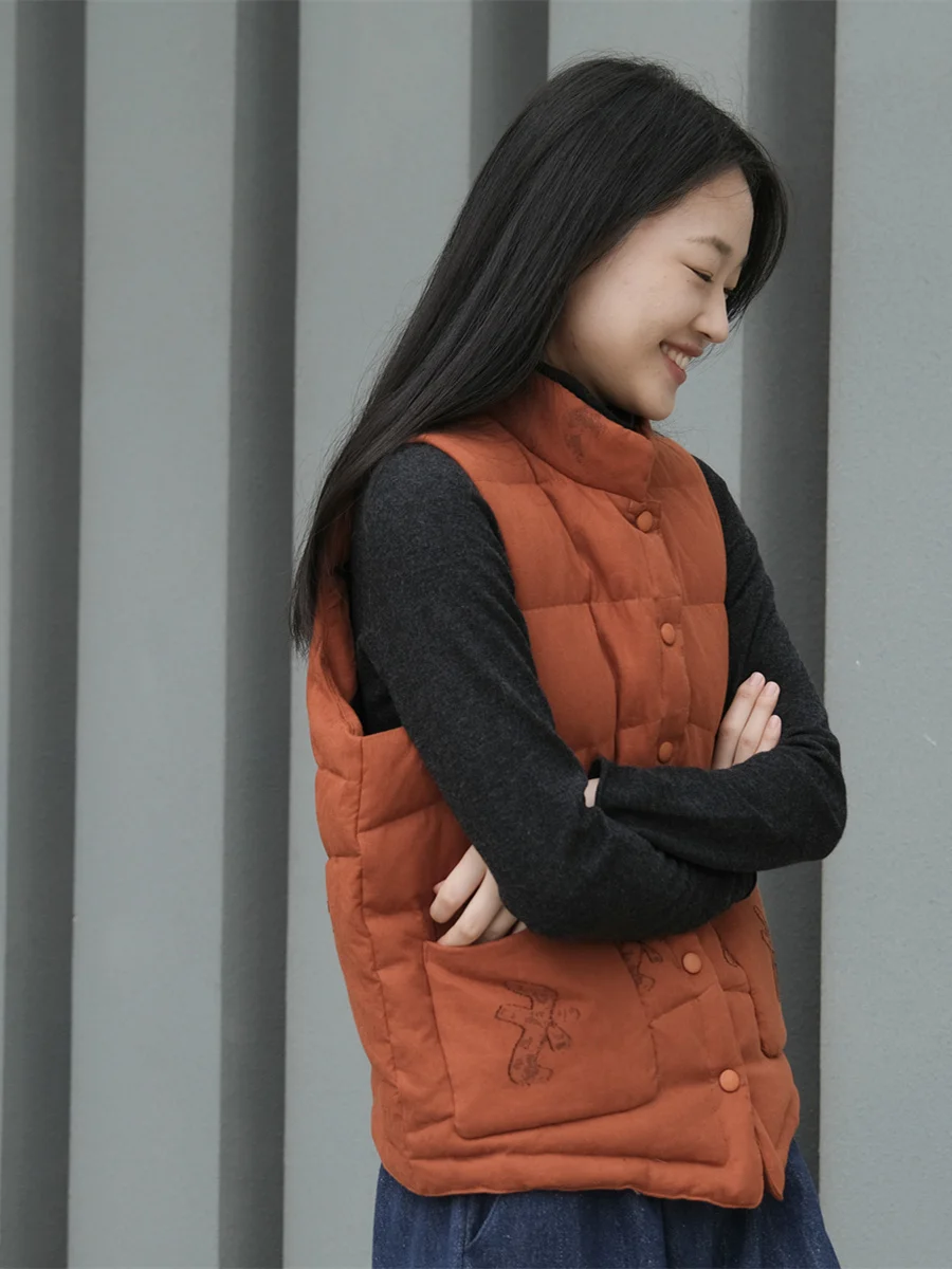 

Original Design White Goose down Embroidered Cotton Linen Warmth Vest Large Flower 90% down Fill Power Busin Casual Sle