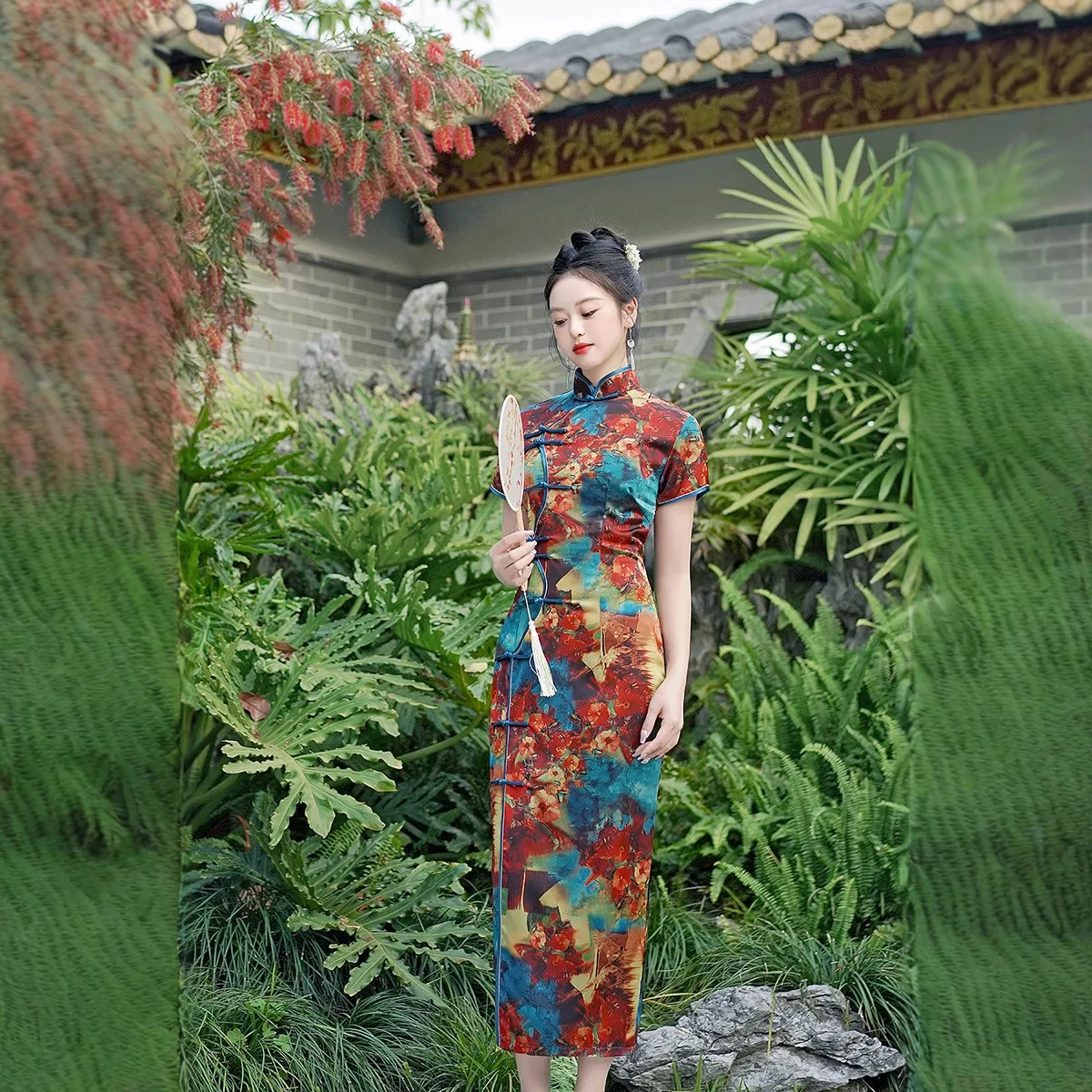 2025 Spring/Summer New Slimming Rayon Cheongsam Long Dress with Chinese Style and Retro Satin Qipao Style