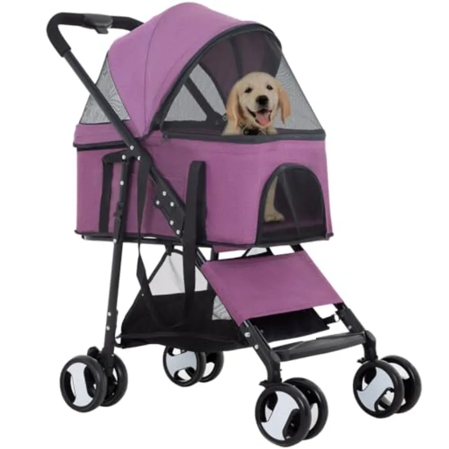 

Dog stroller for travel and jogging, lightweight aluminum frame, purple, 4-wheel multi-function with detachable carrier
