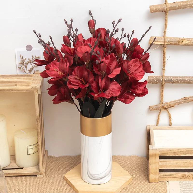 Hochwertiger künstlicher Blumenstrauß Magnolia Weihnachtsdekoration Fake Floral Hochzeitsarrangement DIY Party Vase Zubehör