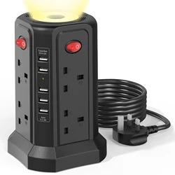 Tower expansion lead, (13A 3250W)5 USB ports and 8-way socket, with 4 switches, 1.8m extension cable, suitable for home, office