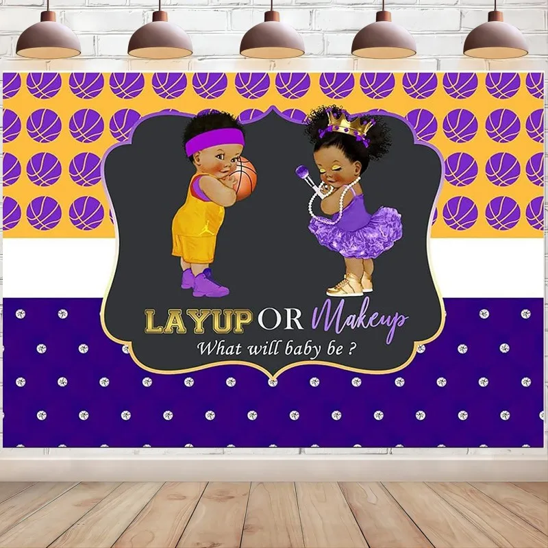 Layup or Makeup Gender Reveal Backdrop Purple Basketball Boy or Girl Background He or She What Will Baby Be Party Decoration