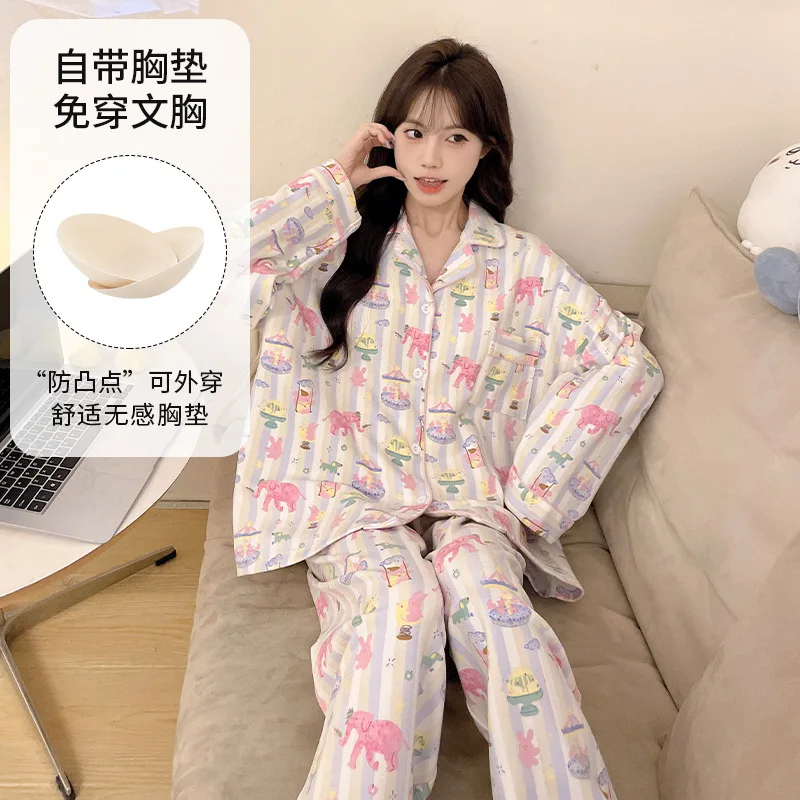 Sleepwear Women's Clothing Suits Autumn Thin New Cardigan Chest Pad Home Soft Simple Cozy Loose Slim Casual Casual Cool Cartoon