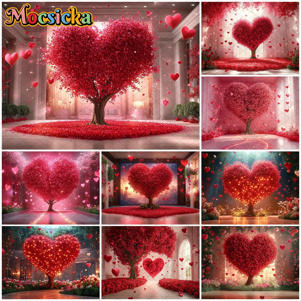 

Mocsicka Red Love Tree Backdrop Rose Valentine's Day Flower Heart Shaped Decoration Wedding Background Photography Studio Banner