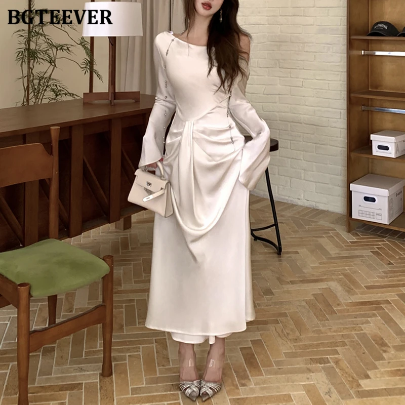 BGTEEVER シックでエレガントなスイングカラーパッケージヒップサテンドレス女性のためのエレガントなスリムウエスト長袖レディースボディコンドレス