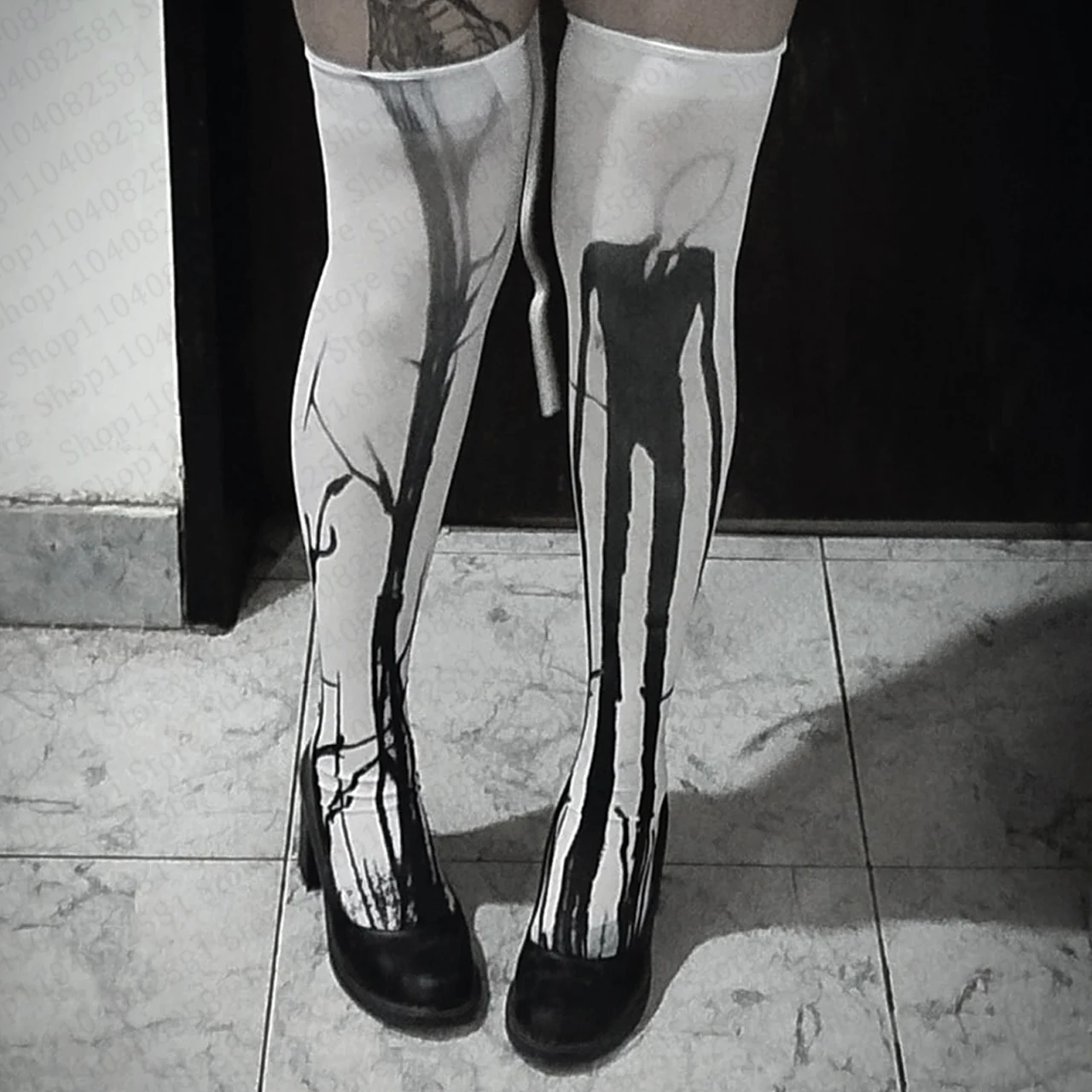 Y2k white sexy subculture graffiti punk print long socks Harajuku knee high long socks Y2k role-playing fashionable socks emo