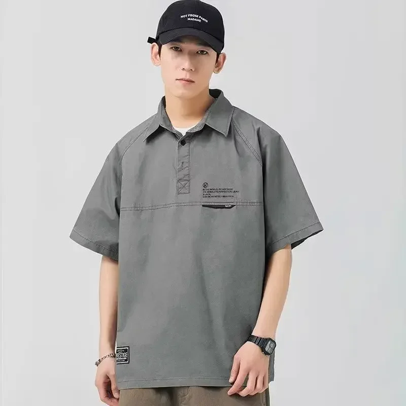 Summer American Vintage Short Sleeve Polo Cargo T Shirt Men Loose Casual Polos Homme Tee Tops Y2K Streetwear Fashion Golf Wear