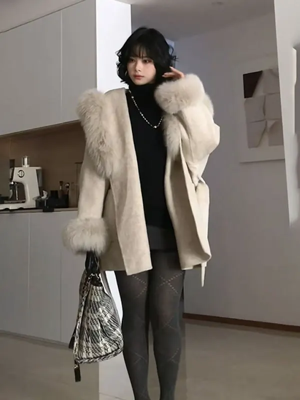 

Элегантное свободное шерстяное пальто в корейском стиле, уникальное, маленького размера, красивое зимнее пальто, нежное, с длинными рукавами, отложным воротником