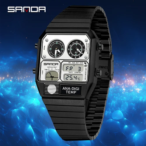Imagen 2 del producto SANDA nuevo 3192 reloj electrónico cuadrado para hombre, cronómetro con termómetro LED resistente al agua para reloj electrónico para hombre