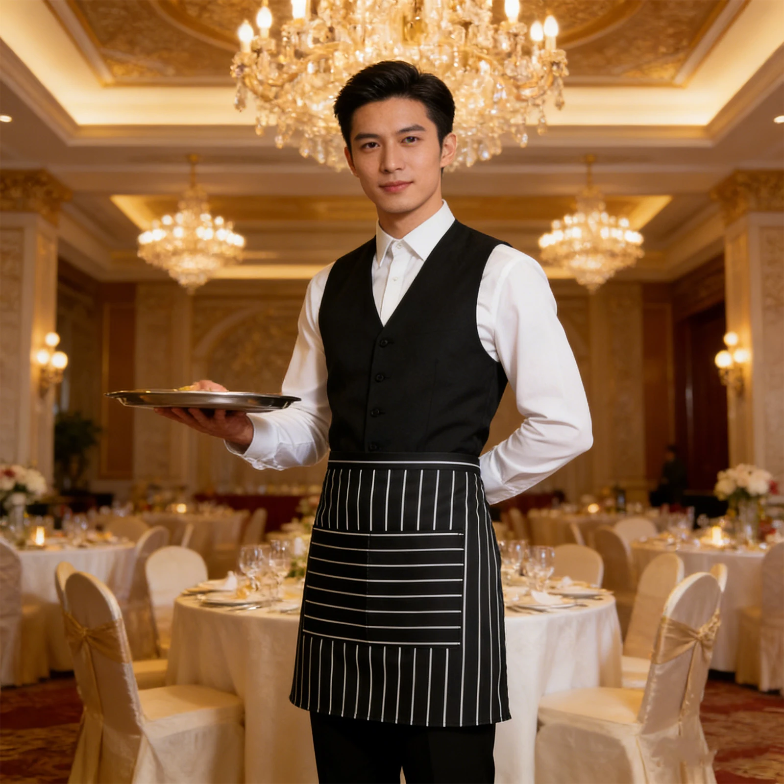 Grembiule da cameriera con tasche, 2 pezzi - Elegante grembiule a righe per camerieri, baristi, lavoratori del fast food, servizio in cucina, pasticceria