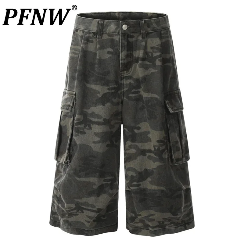 PFNW Male Camouflage Cargo Shorts American Side Large Pocket Overall Loose Wide Leg Calf-Length Shorts Summer 2024 Chic 28W4023