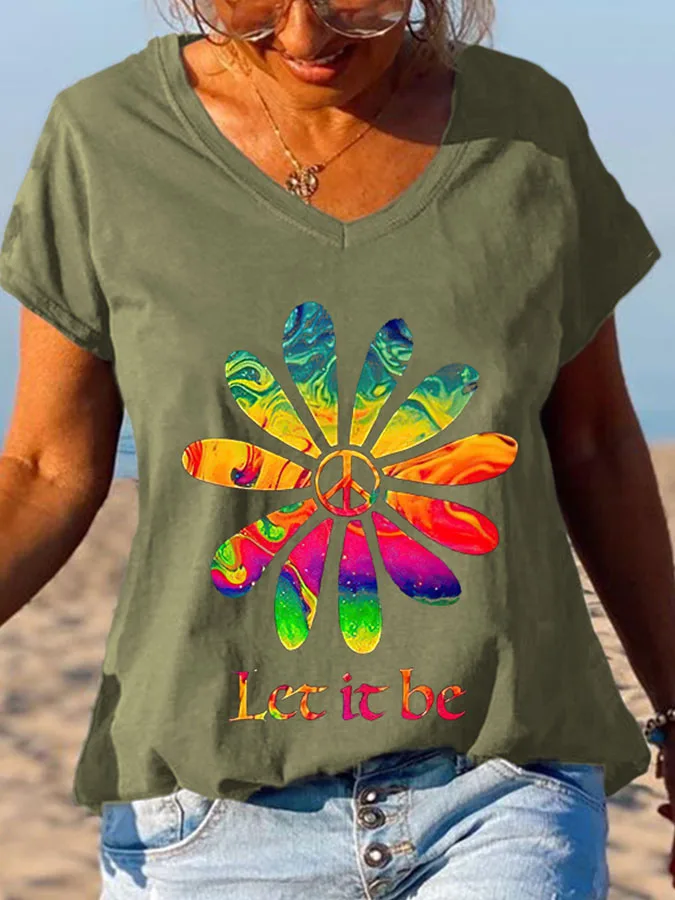 Women's Short Sleeve T-Shirts Casual V Neck T Shirt Hippie Let it bet Print Tops Summer Beach Tees