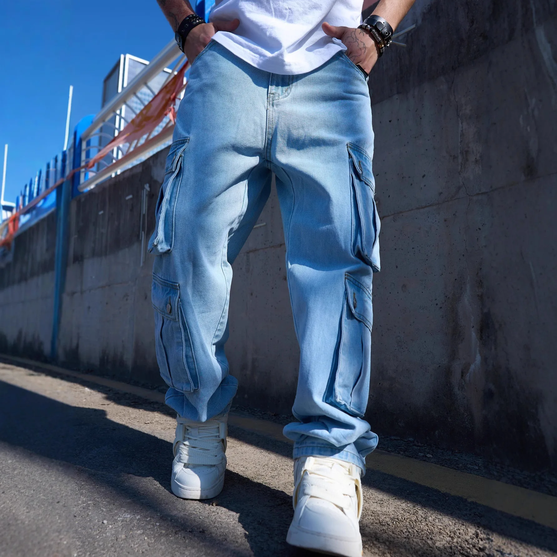 American Hip Hop Retro Versatile Wide-leg Multi-pocket Tooling Jeans New High-waisted Jeans