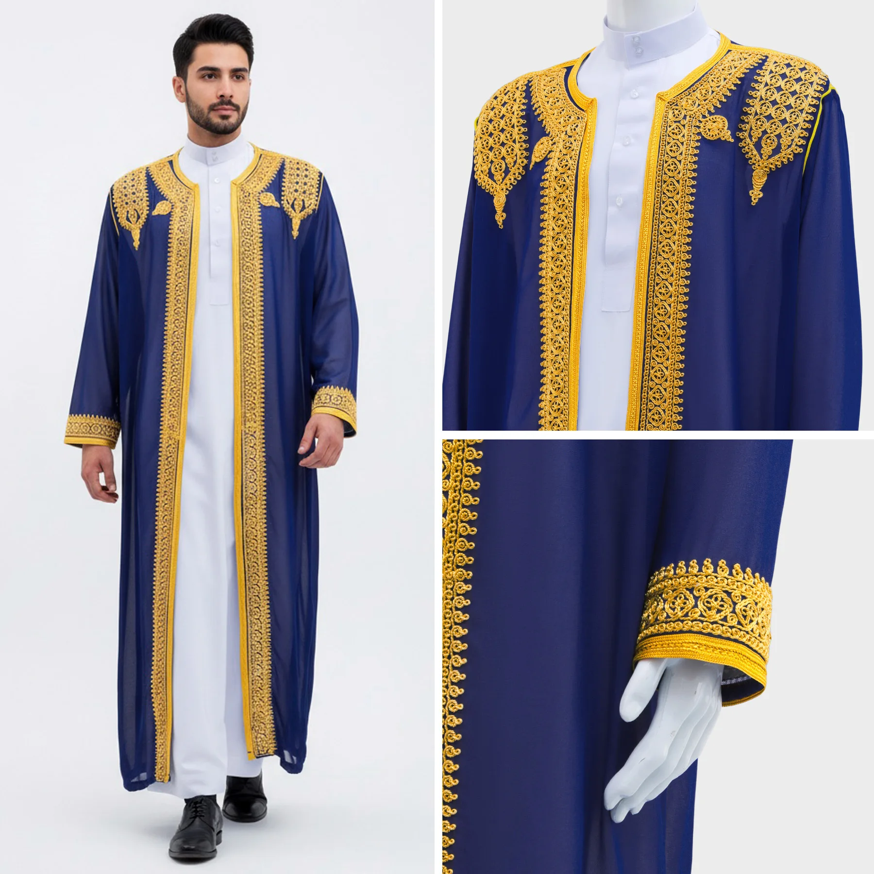 Roupão Longo Tradicional Árabe Luxuoso com Bordado em Ouro, Vestido Formal Masculino, Estilo Étnico do Oriente Médio, Fibra de Poliéster