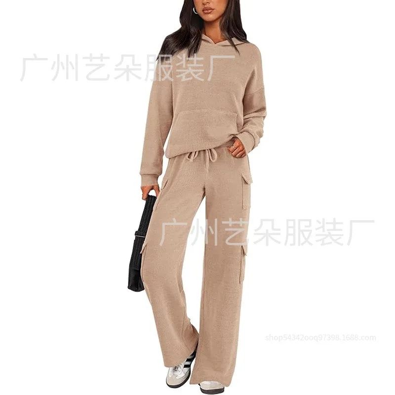 

Fashion Sports 2 Piece Set 2025 Solid Color Hoodie with Pocket Pullover Top + Lace-up Wide Legs Pants Sets Outdoor Running