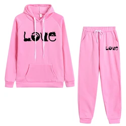 Cute Cat Printed Outfit for Women 2025 Hot Sale Hooded Sweatshirts and Sweatpants Home Outdoor Comfortable Warm Hoodie Tracksuit
