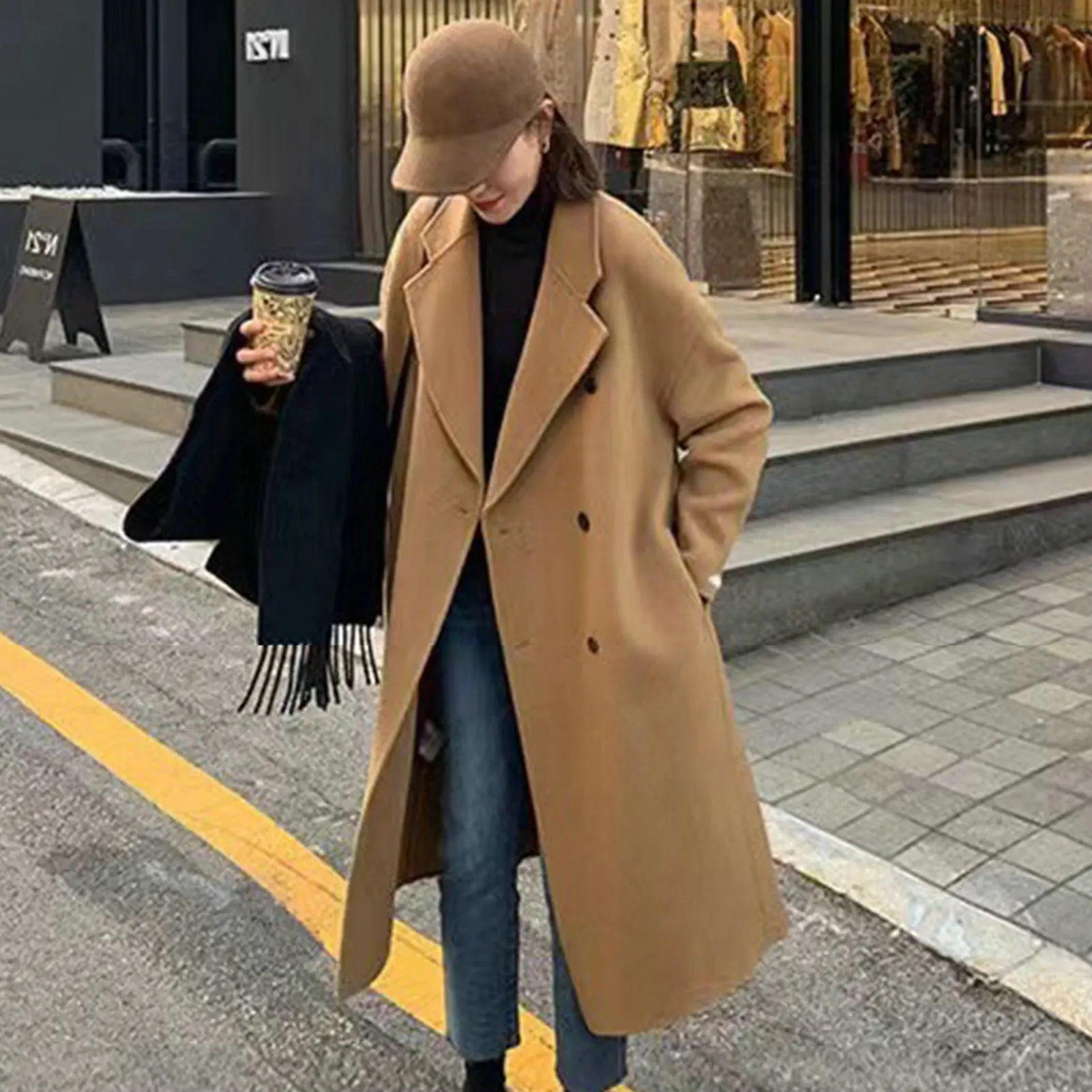 

Vintage Long Sleeve Pocket Camel Outwear 2022 Autumn Casual Loose Blend Wool Long Overcoat Women Button Cardigan Tops Jackets