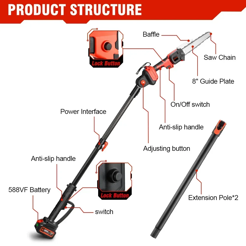 Serra elétrica sem fio alta, motosserra telescópica, Pruner Garden Tool, Tesoura de poda, Bateria Makita 18V, 2,25 m