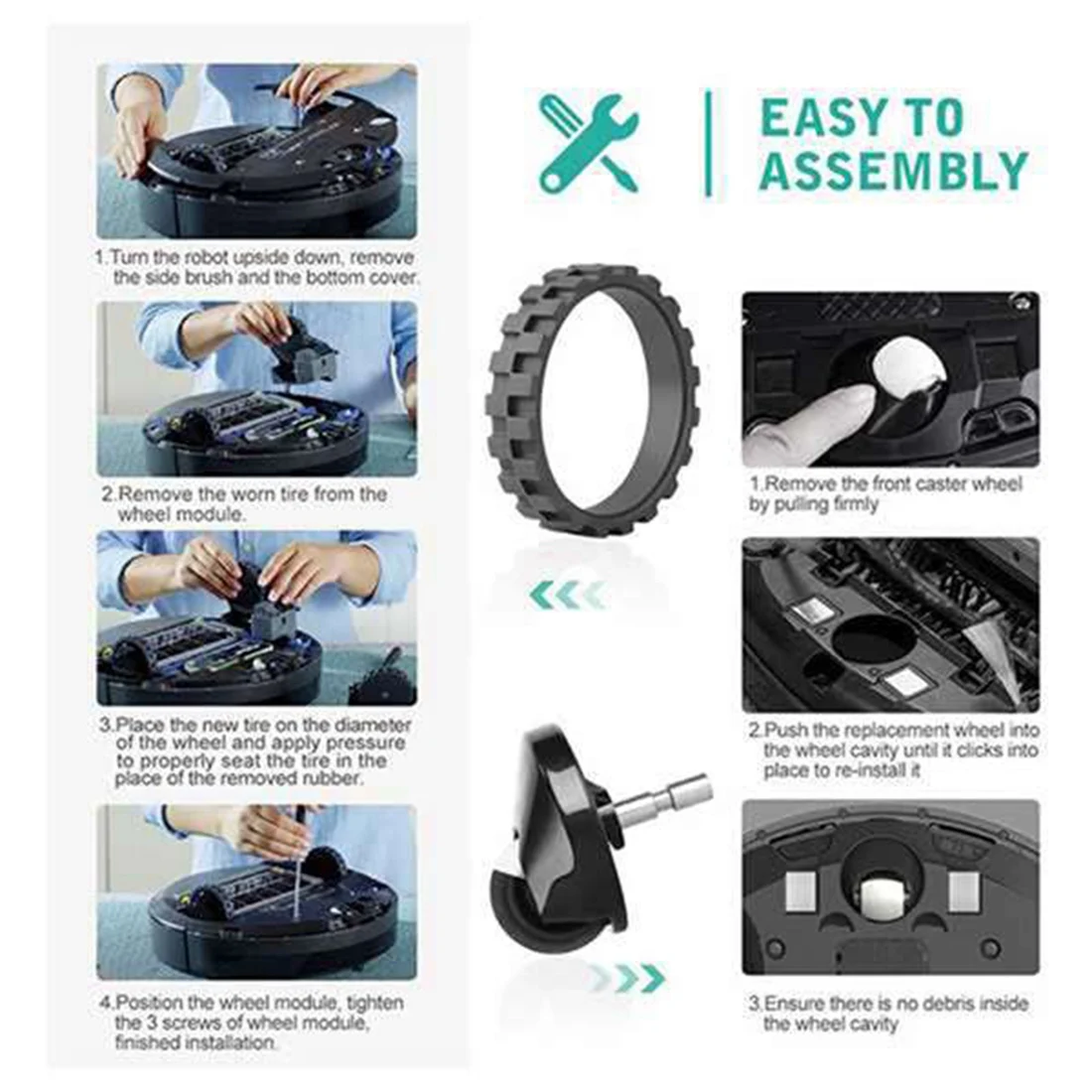 Replacement Front Wheel and Tires for iRobot Roomba 500 600 700 800 900 Series 860 870 675 880 960 980 Anti-Slip Parts