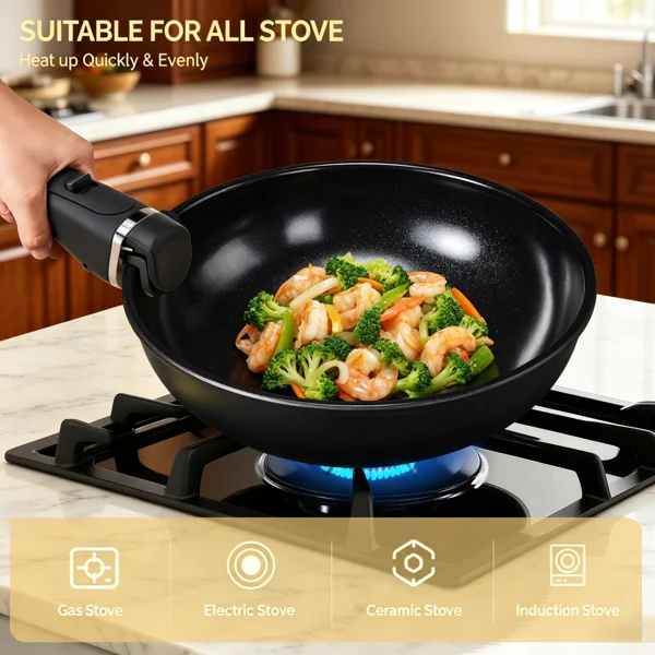 20 Piece Nonstick Pots and Pans Set, Black Aluminum Cookware Set with Pre-Assembled Handles, 6 Cooking Pots Including 28cm Stockpot and 3 Lids, Induction Compatible Kitchen Cookware for Gas and Electric Stoves
