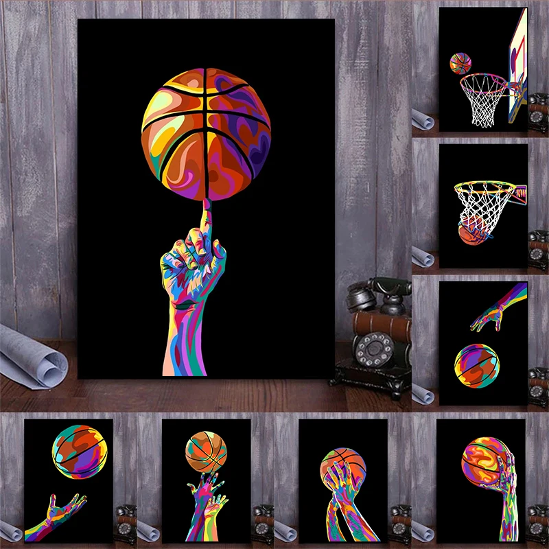 컬러 그래피티 농구 아트 추상 포스터 및 프린트 캔버스 페인팅 벽 아트 그림, 농구 팬 방 홈 데코