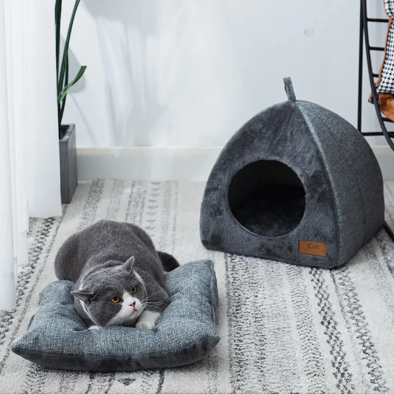 Semi-enclosed Cat Bed Non-slip Pet Kennel Gray Kitten House Indoor Sleeping Cats Cave Bed Plush Foldable Small Dogs Tent Stuff