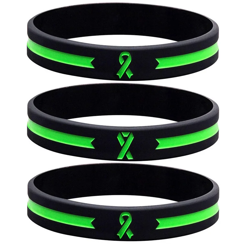 50 Stück dünne grüne Armbänder mit Krebsmotiv, aus Silikon, zur Sensibilisierung für Krebs, motivierendes Armband, 3 verschiedene Designs, mit Logo. – Detail 1