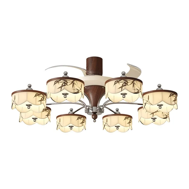 Aesthetic living room fan chandelier, new Chinese Zen fabric bamboo shadow bedroom eye protection lamp